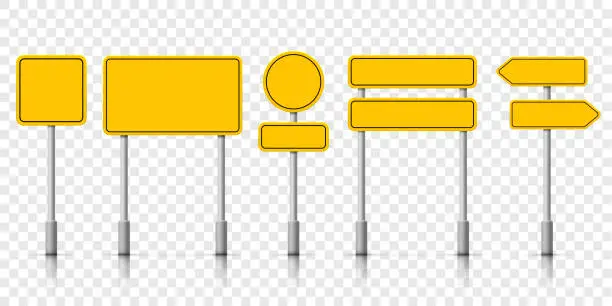 Vector illustration of Yellow street road sign boards. Vector roadsign alert notice on transparent background