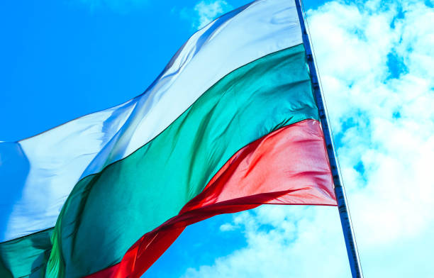 istock Tree-colored white, green and red Bulgarian flag waving on the blue sky background. 1132462701