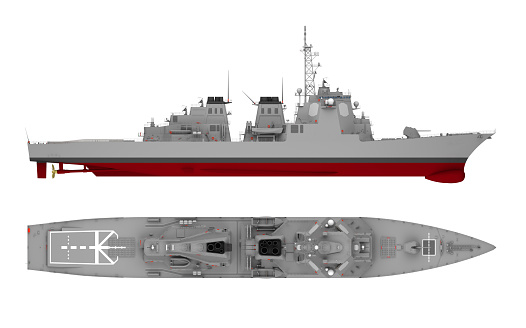 warship side view and top view isolated on white. 3d rendering