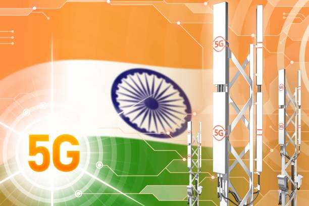 illustrazione industriale 5g in india, enorme albero di rete cellulare o torre su sfondo hi-tech con la bandiera - illustrazione 3d - hindustani foto e immagini stock