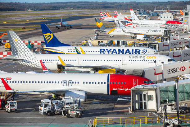 Airplanes at the gates at London Gatwick airport stock photo