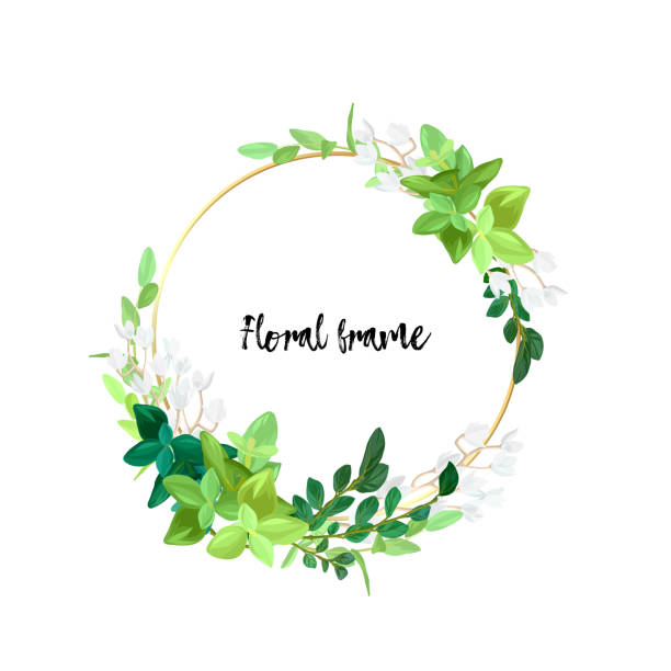 istock Round metallic gold frame with white flowers, eucalyptus leaves and succulent plants. Modern minimalistic vector design. 1132468584