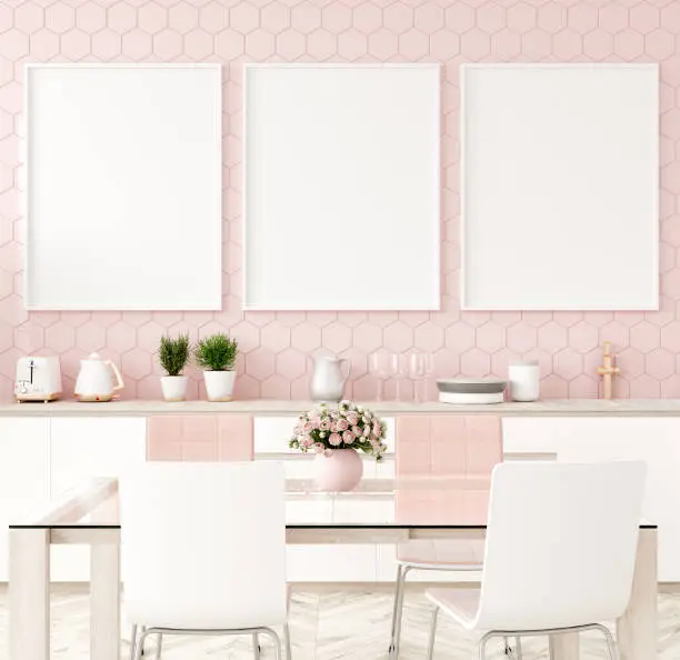 Photo of Mock up poster frame in pastel pink kitchen interior