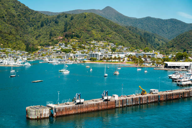 Overlooking Picton on Queen Charlotte Sound of Cook Strait, New Zealand. Picton on Queen Charlotte Sound of Cook Strait, New Zealand. picton new zealand stock pictures, royalty-free photos & images