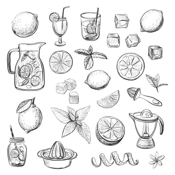illustrazioni stock, clip art, cartoni animati e icone di tendenza di raccolta di schizzi vettoriali bevanda alla limonata - bibita illustrazioni