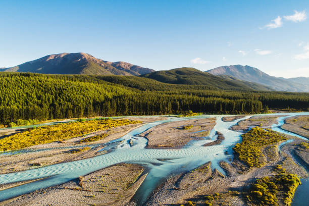 istock Aerial view of River flowing through mountain ridge. 1132474725