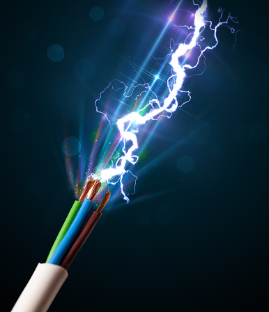 Electric cable close-up with glowing electricity lightning