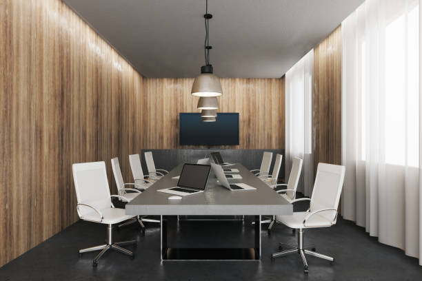 istock Contemporary meeting room with device screens 1132474841