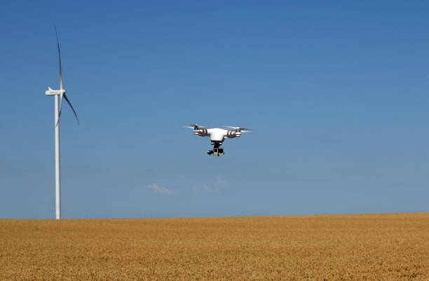 drone flying over wheat field with wind turbine stock photo