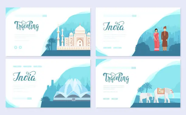 Vector illustration of India country ornament travel tour concept. Traditional culture brochure card set. Ethnic template of flyer, web banner, ui header, enter site. Layout invitation modern slider