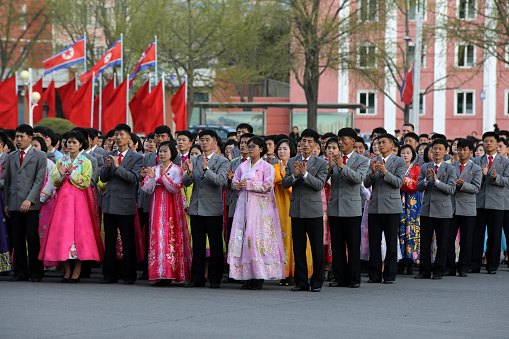 April 15, 2018. Pyongyang, North Korea.\nFor the birthday celebrations of North Korea founding leader Kim Il-Sung, ceremonies are held in many parts of the city.