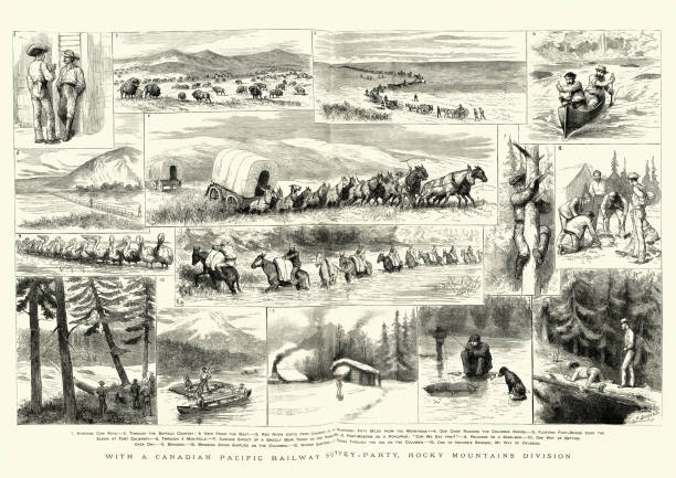 Vintage engraving of Canadian Pacific Railway survey Party, Rocky Mountains, 1884, 19th Century. The Graphic