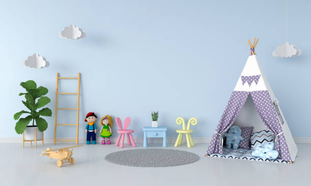istock Teepee in child room interior for mockup, 3D rendering 1132483320