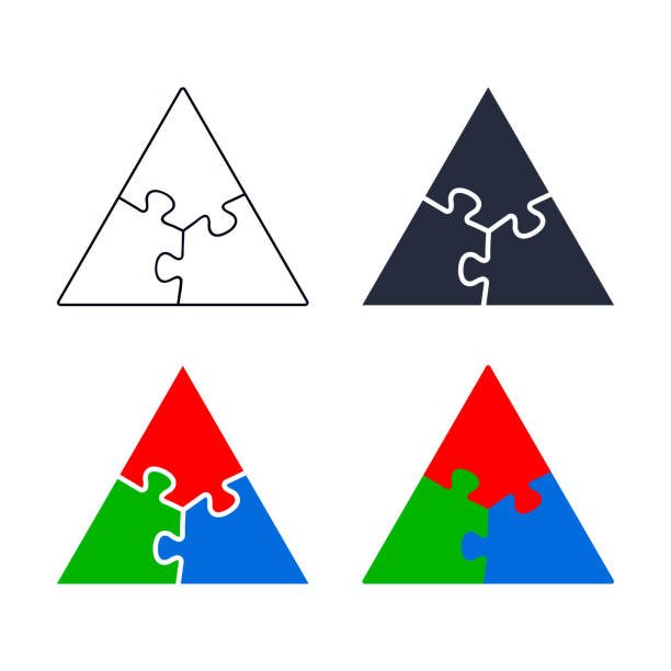 ilustraciones, imágenes clip art, dibujos animados e iconos de stock de triángulo abstracto hecho de pedazos del rompecabezas fijados, ilustración aislada vector - triangle square equipment work tool