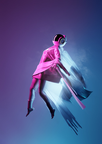 Portrait of a space women in a futuristic space suit floating away. 3D people conceptual illustration.