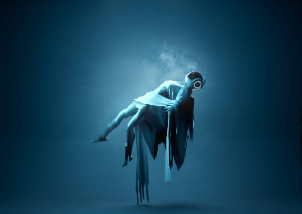 Levitation Portrait. A futuristic Space Women Portrait Floating upwards towards a light. Conceptual people 3D illustration.