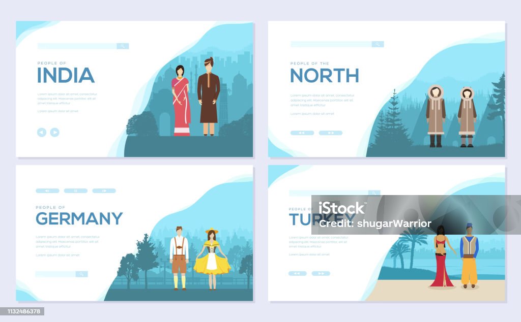 couples from different countries of the world. Traditional clothing of different nationalities brochure card set. Invitation template of flyer, web banner, ui header, enter site. Layout modern couples from different countries of the world. Traditional clothing of different nationalities brochure card set. Invitation template of flyer, web banner, ui header, enter site. Layout Adult stock vector