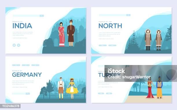 Couples From Different Countries Of The World Traditional Clothing Of Different Nationalities Brochure Card Set Invitation Template Of Flyer Web Banner Ui Header Enter Site Layout Modern Stock Illustration - Download Image Now