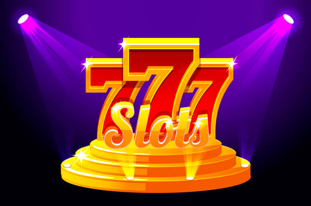 slots 777 banner casino auf stage podium. vector illustration für casino, slots, roulette und spiel ui. - coin award winners podium podium stock-grafiken, -clipart, -cartoons und -symbole