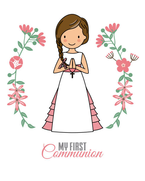 Girl communion card Girl communion card. Child in flower frame communion stock illustrations