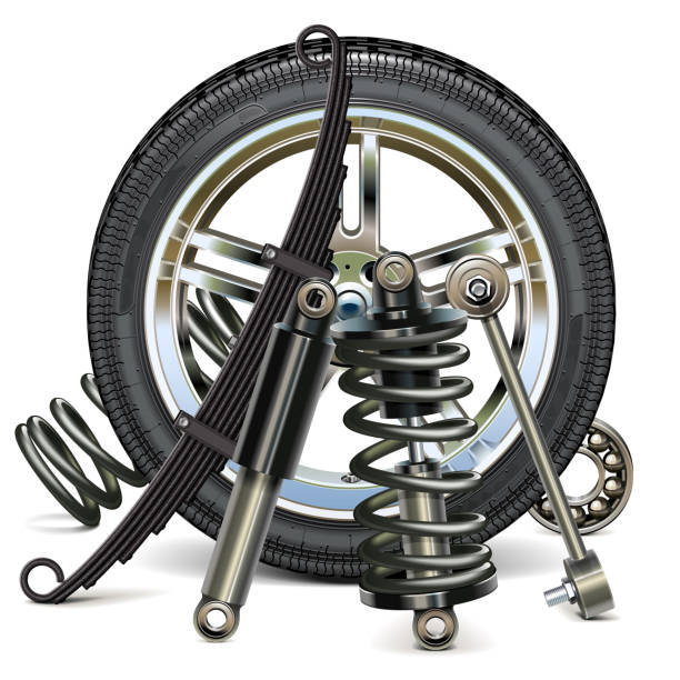 ilustrações, clipart, desenhos animados e ícones de roda de carro do vetor com peças da suspensão - shock absorber car suspension bridge tire