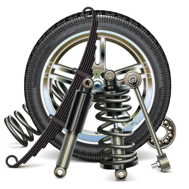 векторное колесо автомобиля с частями подвески - shock absorber car suspension bridge tire stock illustrations