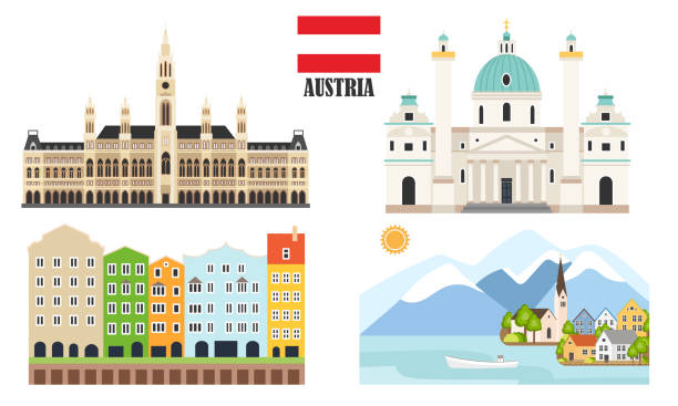 illustrazioni stock, clip art, cartoni animati e icone di tendenza di austria con simboli tradizionali dell'architettura - karlsplatz