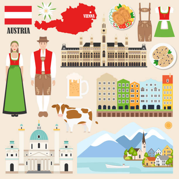 ilustraciones, imágenes clip art, dibujos animados e iconos de stock de colección de símbolos de austria - dirndl traditional clothing austria traditional culture