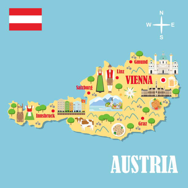 Stylized map of Austria Stylized map of Austria. Travel illustration with austrian landmarks, architecture, national flag, and other symbols in flat style. Vector illustration austria map stock illustrations