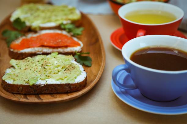 istock Breackfast toasts with avocado and solmon. 1132488912