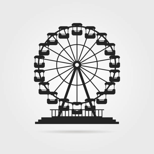black ferris wheel with shadow black ferris wheel with shadow. concept of skyline, tower badge, event, admission, access, cityscape, pleasure, celebration. flat style trend modern design vector illustration on gray background ferris wheel stock illustrations