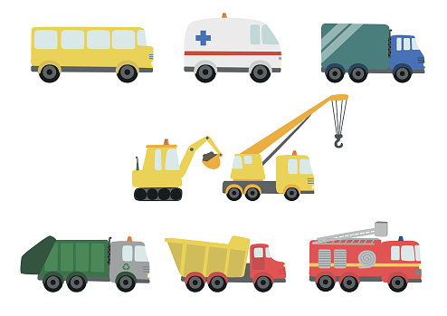 Ambulance, bus, crane, excavator