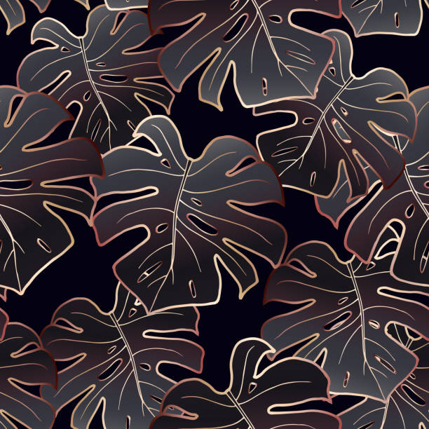 brązowy liść monstera. bezszwowy szary wzór. - floral pattern silhouette fabolous plant stock illustrations