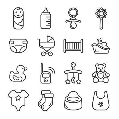 Set of baby and child care outline icons on white background. Vector illustration.