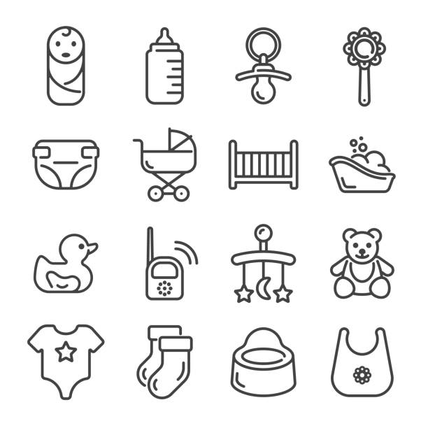 Set of baby and child care outline icons. Vector illustration. Set of baby and child care outline icons on white background. Vector illustration. baby carriage stock illustrations