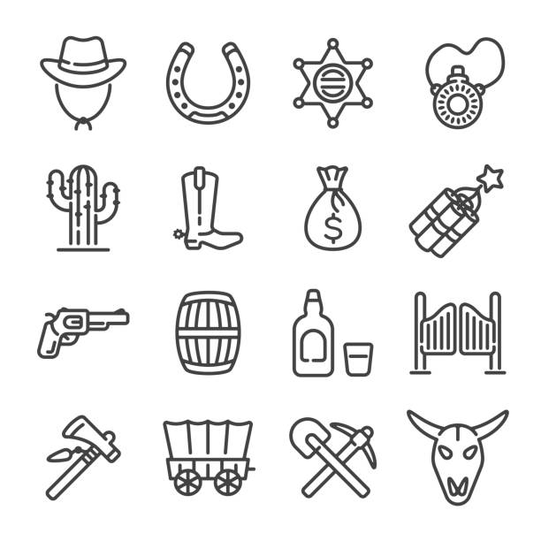 ilustraciones, imágenes clip art, dibujos animados e iconos de stock de conjunto de iconos de contorno del oeste salvaje o vaquero. ilustración vectorial. - animal skull cow animals in the wild west