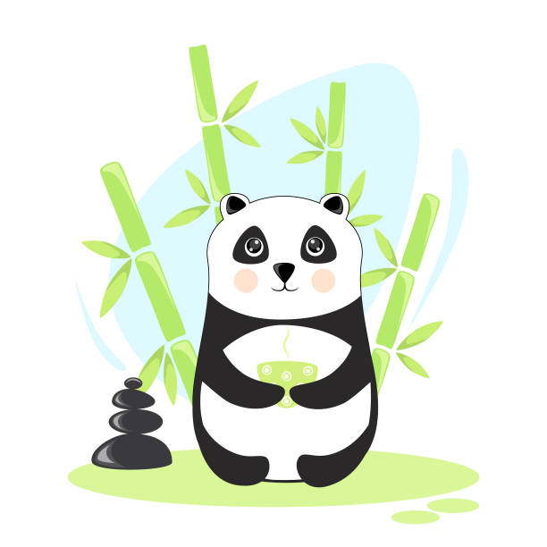 Panda meditates Vector illustration panda meditates with a cup of green tea in a bamboo grove tai chi meditation stock illustrations