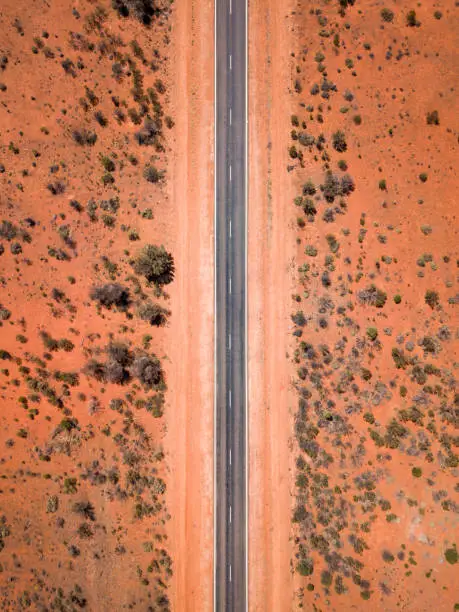 Photo of Aerial Drone Bird's eye view on a scenic highway in the outback of South Australia