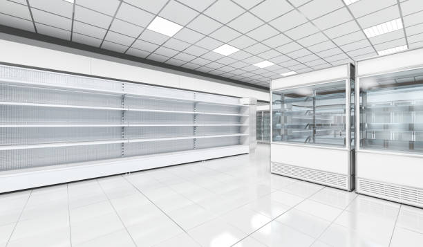 istock Interior empty supermarket with  showcases freezer 1132495516