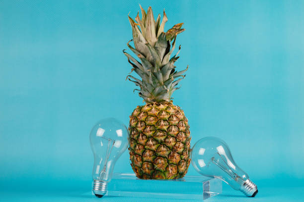 istock Different kinds of fruit and electric bulbs on blue background. 1132498565