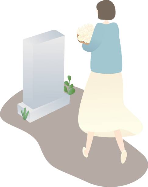 在清明 (古墓) 節上, 女性抱著菊花要尊重他家的墳墓 - 清明節 幅插畫檔、美工圖案、卡通及圖標