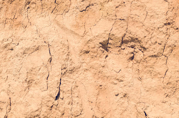 istock Dry cracked clay with sand, background texture 1132503241