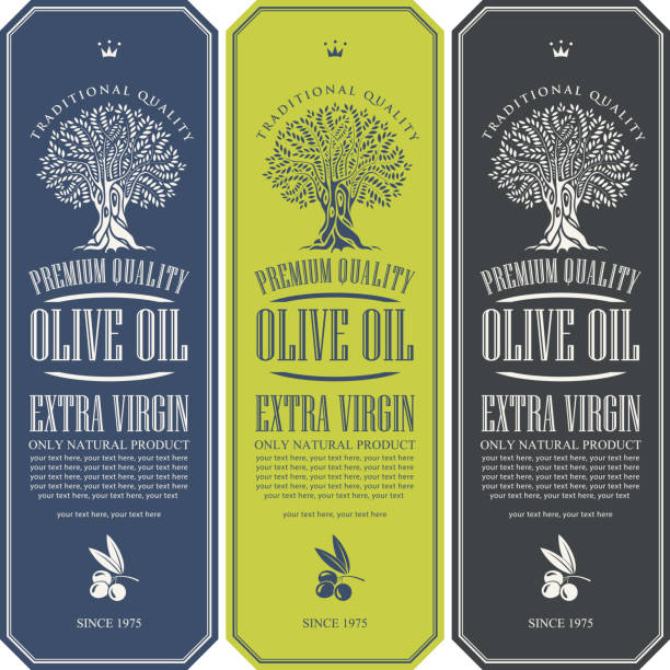 ilustraciones, imágenes clip art, dibujos animados e iconos de stock de etiquetas vectoriales para el aceite de oliva con un olivo - aceite de oliva
