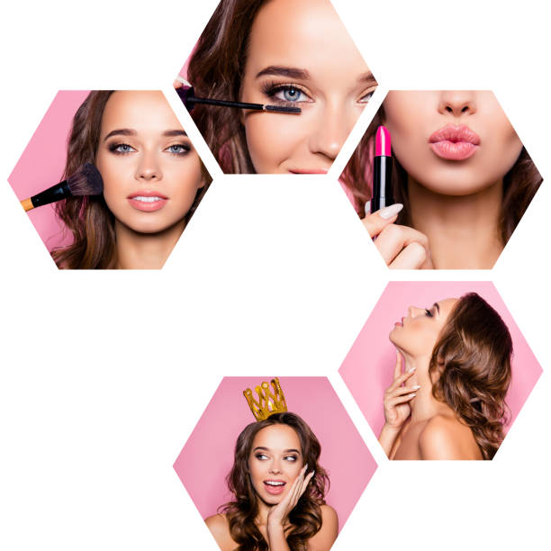 collage de primer plano vista recortada de cinco hexagonal agradable de aspecto atractivo magnífico glamorosa magnífica dama de pelo ondulado haciendo maquillaje decir chismes aislados sobre fondo rosado - make over series fotografías e imágenes de stock