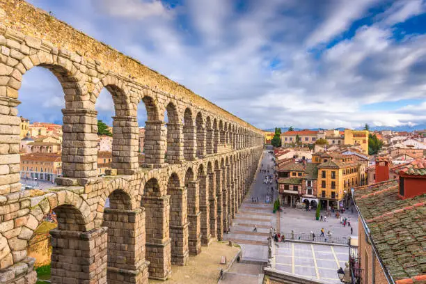 Segovia, Spain town skyline at the ancient Roman aqueduct.