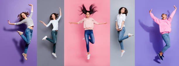 istock Full length body size view five different nice dreamy lovely attractive charming positive thin slim people having fun isolated over pastel pink violet purple grey background 1132506946