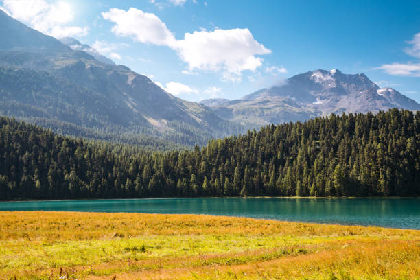 gran vista de la laguna azul champfer en el valle alpino. ubicación alpes suizos, europa. - champfer fotografías e imágenes de stock