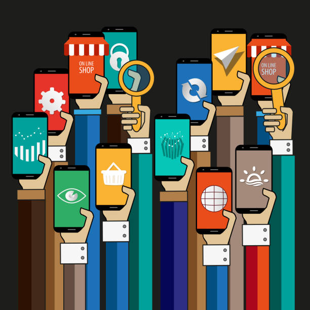 istock Vector set of people hands holding mobile devices. People using their phones, tablets and laptops with different applications running 1132513805