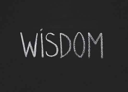 Word wisdom written on black chalkboard, component of successful business, copy space