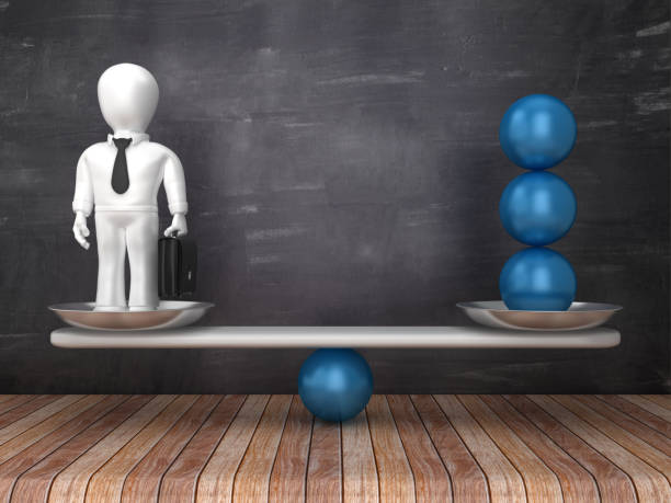 seesaw scale with spheres and business character on chalkboard background - 3d rendering - business balance human representation three dimensional shape imagens e fotografias de stock